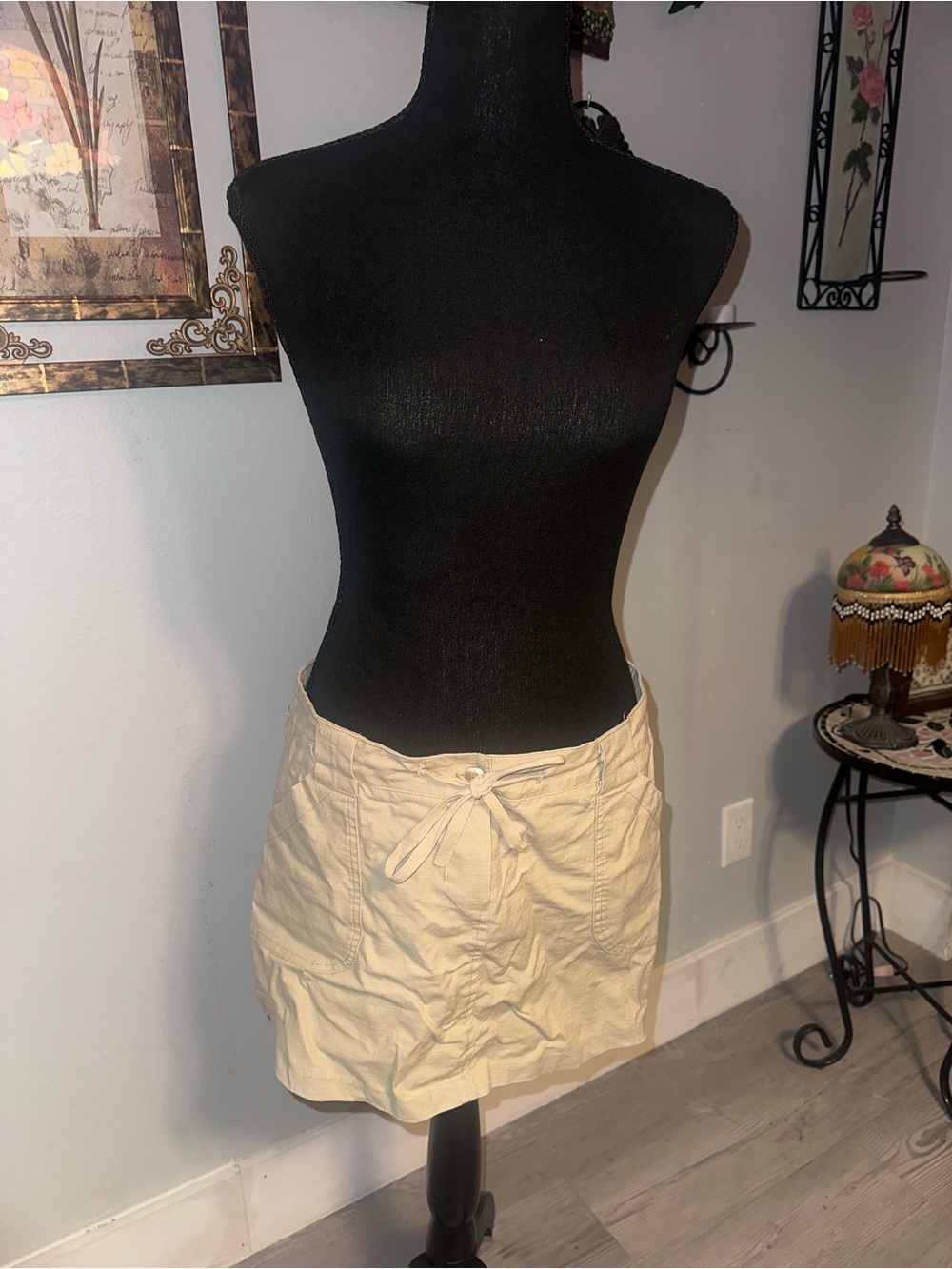 Vintage Y2K Ocean Drive Clothing Co Beige Tan Drawstring Mini Skirt, Pockets, L